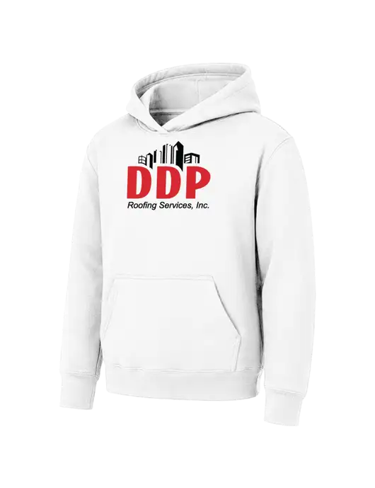 Youth White 7.8 oz Pullover Hooded Sweatshirt w/DDP Roofing Services Logo