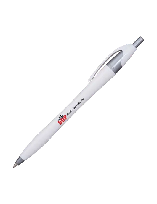 Novella White/Silver Shimmer Pen - Blue Ink w/DDP Roofing Services Logo