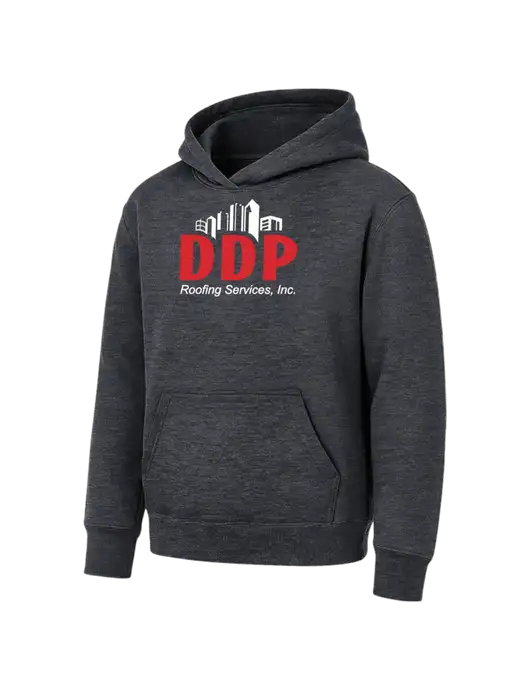 Youth Dark Heather Grey 7.8 oz Pullover Hooded Sweatshirt w/DDP Roofing Services Logo
