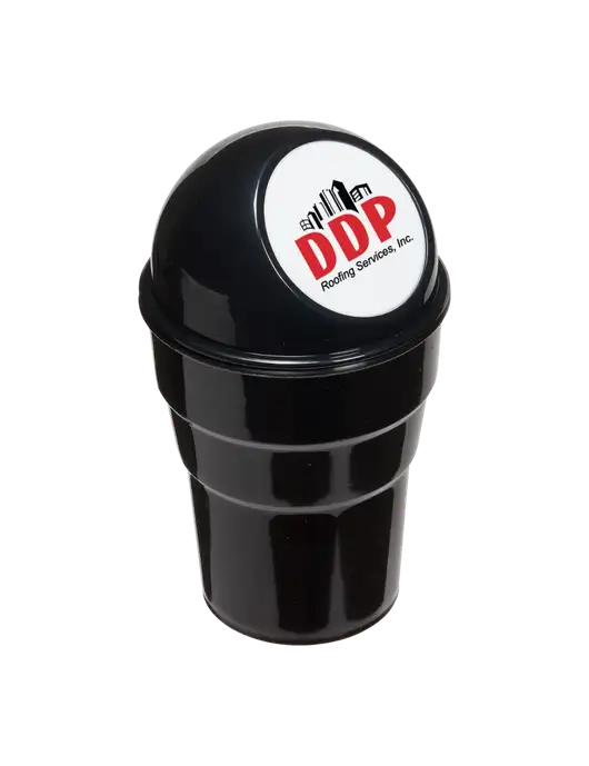 Black Car Cup Holder Trash Can w/DDP Roofing Services Logo