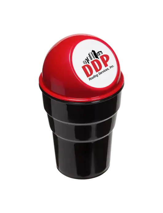 Red Car Cup Holder Trash Can w/DDP Roofing Services Logo