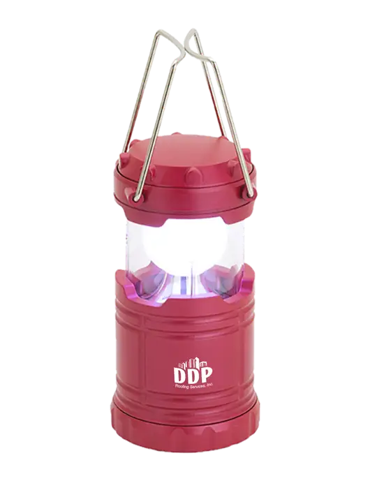 Red Mini Retro Lantern w/DDP Roofing Services Logo