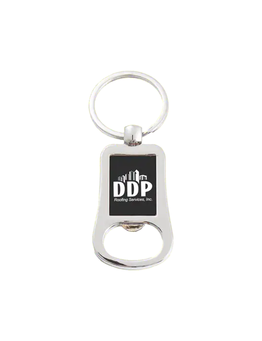 Silver & Black Bottle Opener Keychain w/DDP Roofing Services Logo