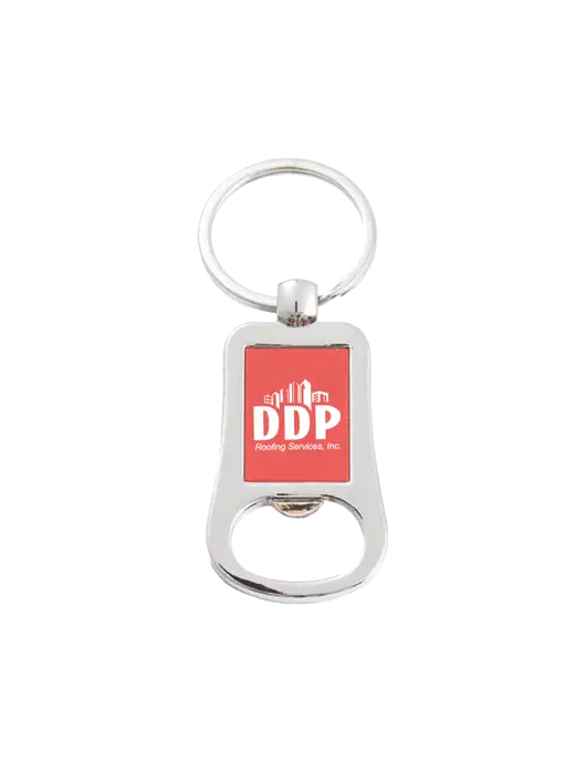 Silver & Red Bottle Opener Keychain w/DDP Roofing Services Logo