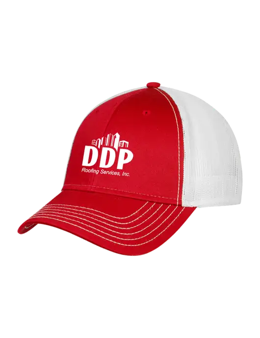 Red/White Mesh Trucker Cap Snap Back w/DDP Roofing Services Logo