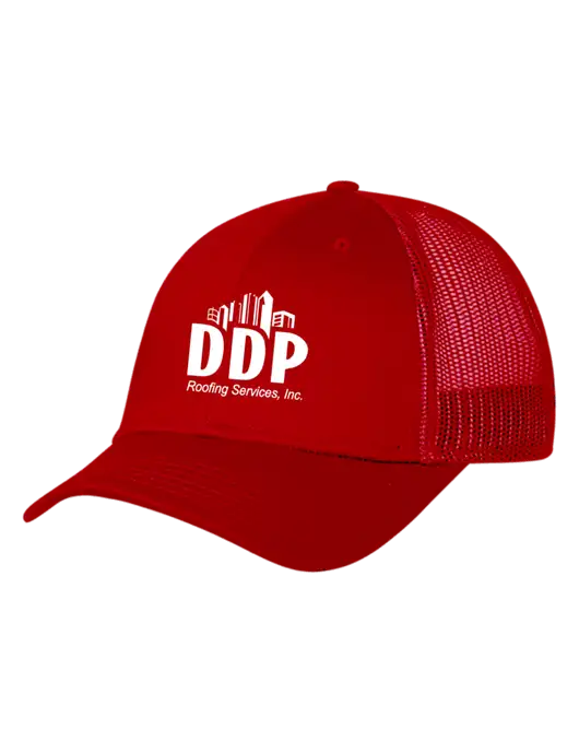 Red Mesh Trucker Cap Snap Back w/DDP Roofing Services Logo
