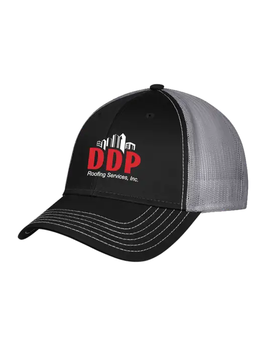 Black/Medium Dark Grey Mesh Trucker Cap Snap Back w/DDP Roofing Services Logo