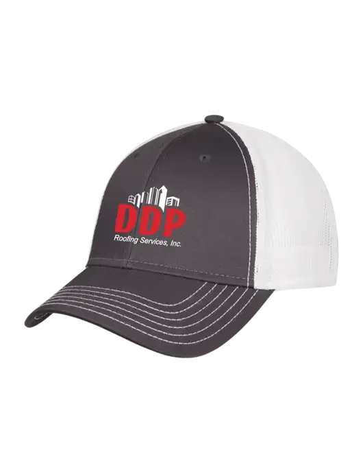 Dark Grey/White Mesh Trucker Cap Snap Back w/DDP Roofing Services Logo