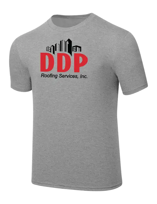 Simply Soft Heathered Light Grey 4.5oz  Poly/Combed Ring Spun Cotton T-Shirt w/DDP Roofing Services Logo