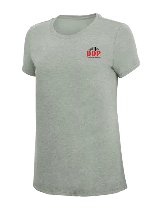 Womens Simply Soft Heathered Light Grey 4.5oz Poly/Combed Ring Spun Cotton T-Shirt w/DDP Roofing Services Logo