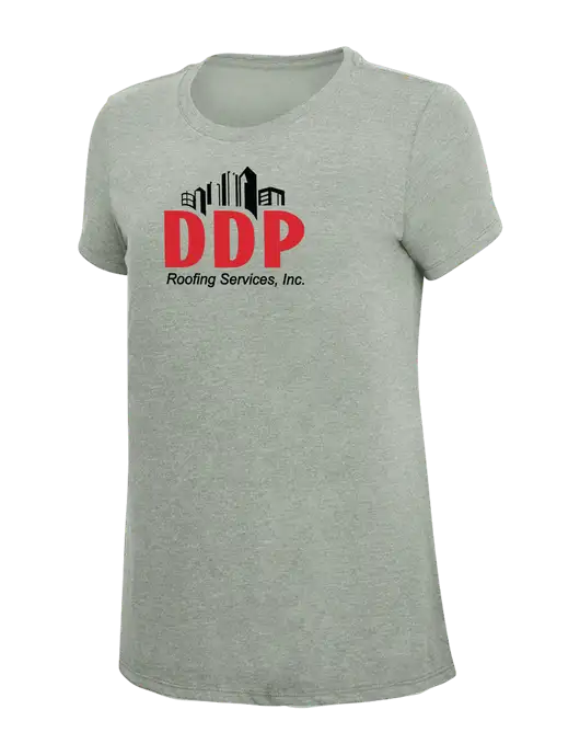 Womens Simply Soft Heathered Light Grey 4.5oz Poly/Combed Ring Spun Cotton T-Shirt w/DDP Roofing Services Logo