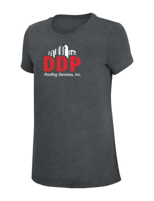 Womens Simply Soft Charcoal 4.5oz Poly/Combed Ring Spun Cotton T-Shirt w/DDP Roofing Services Logo