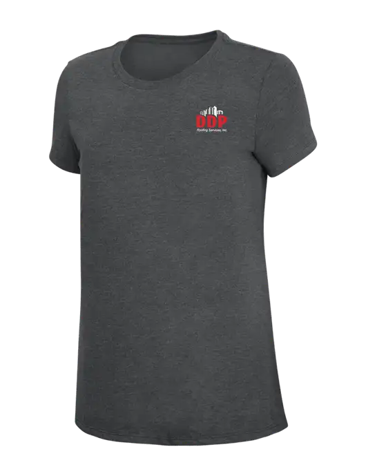 Womens Simply Soft Charcoal 4.5oz Poly/Combed Ring Spun Cotton T-Shirt w/DDP Roofing Services Logo