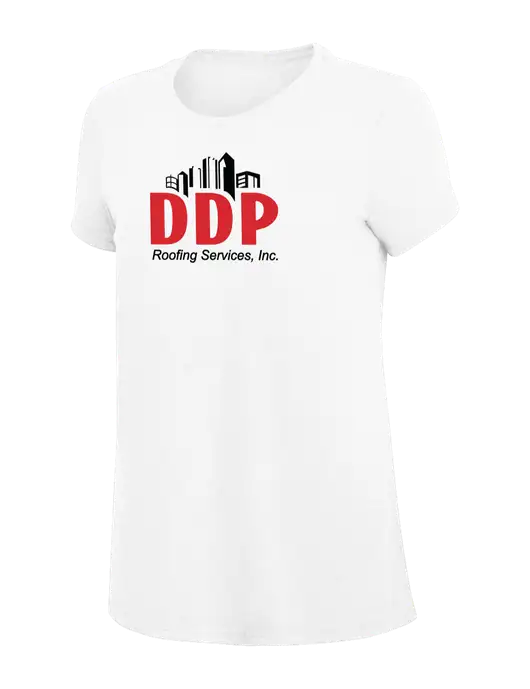 Womens Simply Soft White 4.5oz Poly/Combed Ring Spun Cotton T-Shirt
 w/DDP Roofing Services Logo