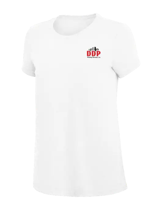 Womens Simply Soft White 4.5oz Poly/Combed Ring Spun Cotton T-Shirt
 w/DDP Roofing Services Logo