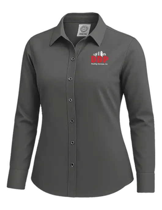 Brooks Brothers Womens Dark Grey Wrinkle-Free Stretch Nailhead Shirt w/DDP Roofing Services Logo