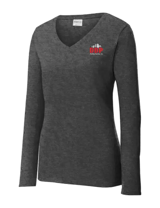 Womens  V-Neck Ring Spun Dark Heather Grey 4.5 oz Long Sleeve T-Shirt w/DDP Roofing Services Logo