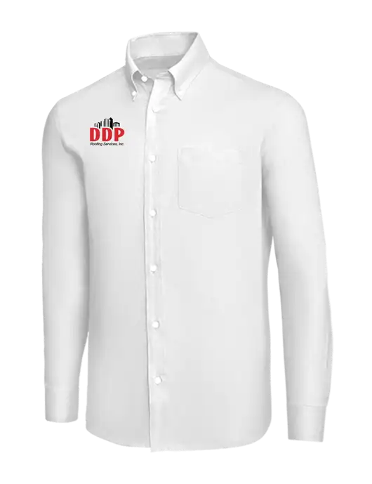Brooks Brothers White Wrinkle-Free Stretch Nailhead Shirt w/DDP Roofing Services Logo