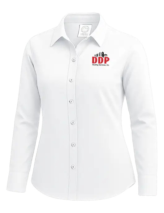 Brooks Brothers Womens White Wrinkle-Free Stretch Nailhead Shirt w/DDP Roofing Services Logo
