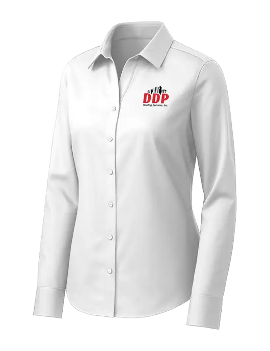 Brooks Brothers Womens White Wrinkle-Free Stretch Pinpoint Shirt w/DDP Roofing Services Logo