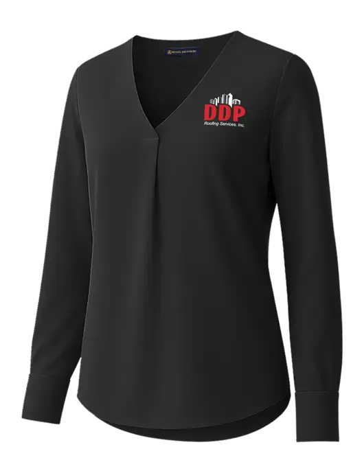 Brooks Brothers Womens Black Open-Neck Satin Blouse  w/DDP Roofing Services Logo