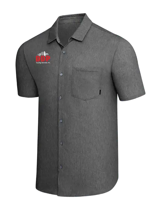 OGIO Dark Grey Heather Extend Short Sleeve Button Up Shirt w/DDP Roofing Services Logo
