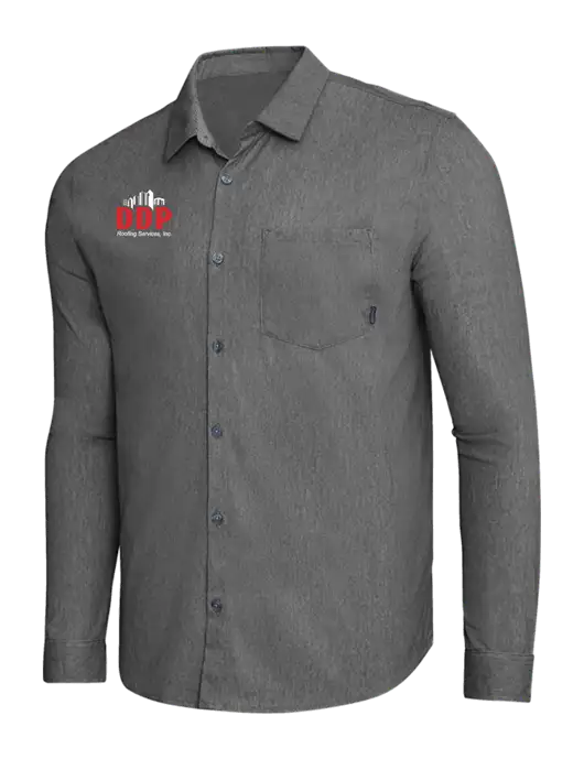 OGIO Dark Grey Heather Extend Long Sleeve Button Up Shirt w/DDP Roofing Services Logo