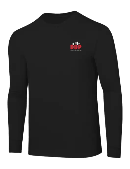 Core Blend Black Long Sleeve Tee w/DDP Roofing Services Logo