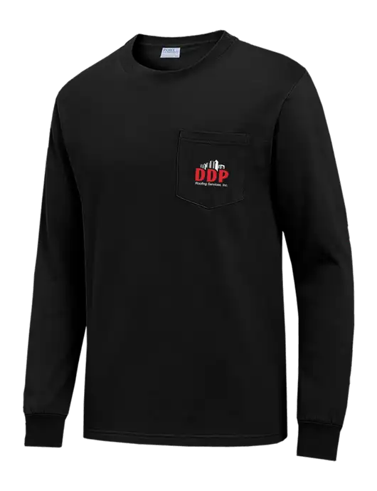 Black Long Sleeve Heavyweight 6.1 oz Pocket T-Shirt w/DDP Roofing Services Logo