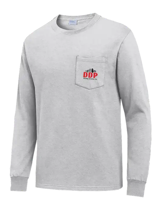 Light Grey Heather Long Sleeve Heavyweight 6.1 oz Pocket T-Shirt w/DDP Roofing Services Logo