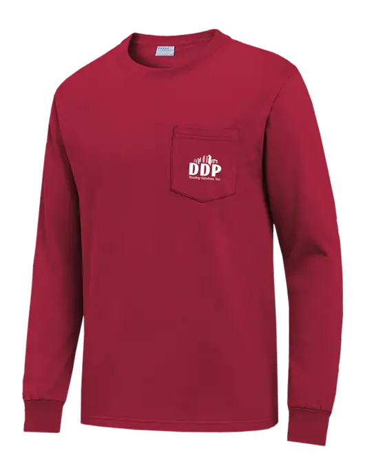 Red Long Sleeve Heavyweight 6.1 oz Pocket T-Shirt w/DDP Roofing Services Logo