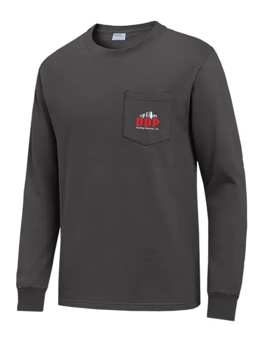 Charcoal Long Sleeve Heavyweight 6.1 oz Pocket T-Shirt w/DDP Roofing Services Logo