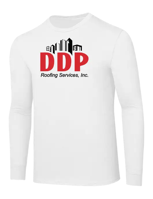 Core Blend White Long Sleeve Tee w/DDP Roofing Services Logo