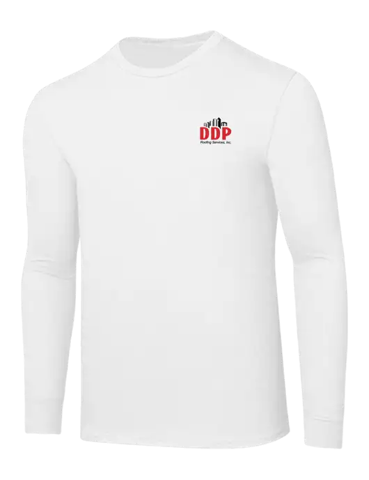 Core Blend White Long Sleeve Tee w/DDP Roofing Services Logo