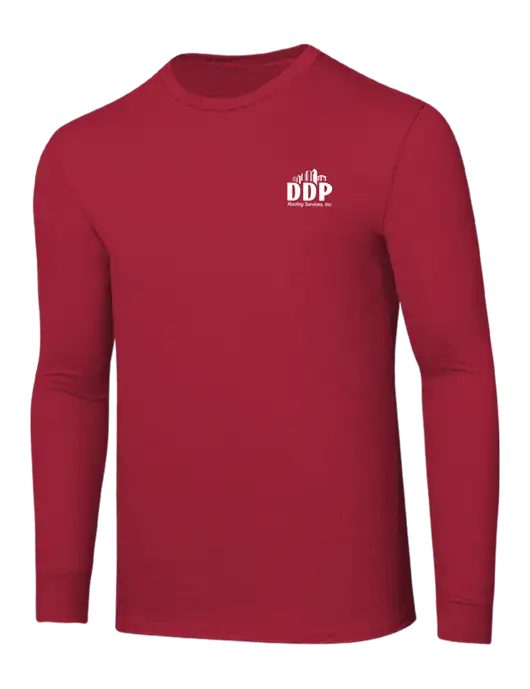 Core Blend Red Long Sleeve Tee w/DDP Roofing Services Logo