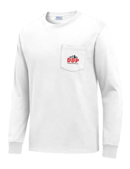 White Long Sleeve Heavyweight 6.1 oz Pocket T-Shirt w/DDP Roofing Services Logo