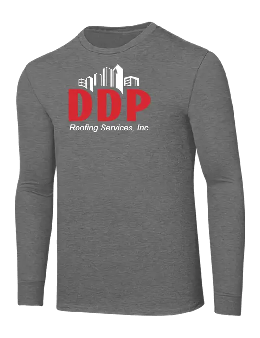 Core Blend Medium Grey Heather Long Sleeve Tee w/DDP Roofing Services Logo