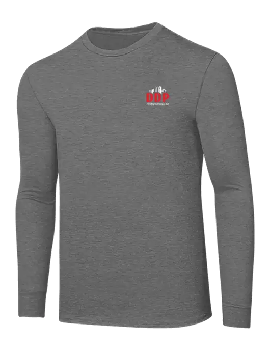 Core Blend Medium Grey Heather Long Sleeve Tee w/DDP Roofing Services Logo