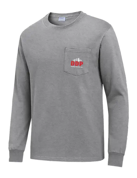 Medium Grey Heather Long Sleeve Heavyweight 6.1 oz Pocket T-Shirt w/DDP Roofing Services Logo