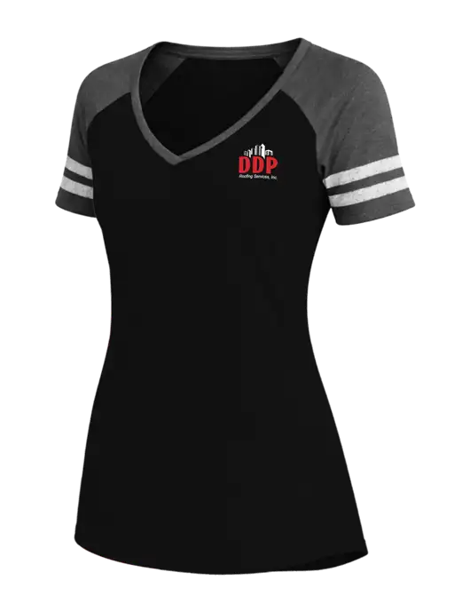 Womens Black/Charcoal Heather V-Neck Game Tee w/DDP Roofing Services Logo