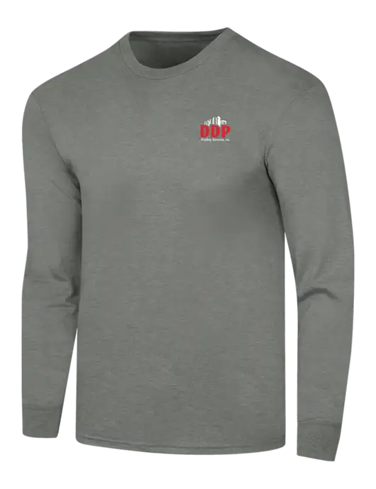 Simply Soft Long Sleeve Heathered Charcoal 4.5 oz, Poly/Combed Ring Spun Cotton T-Shirt w/DDP Roofing Services Logo