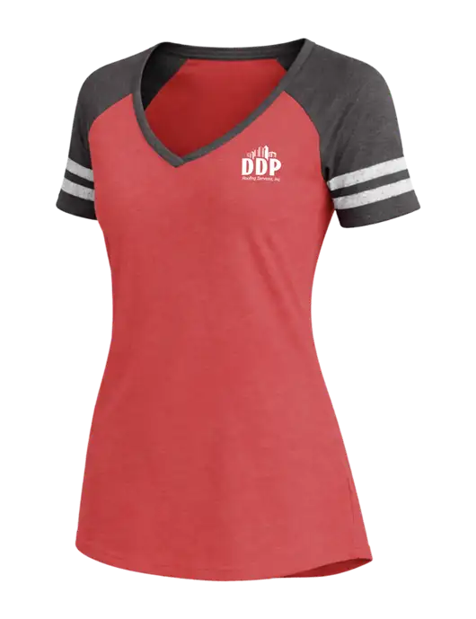 Womens Red Heather/Charcoal Heather V-Neck Game Tee w/DDP Roofing Services Logo
