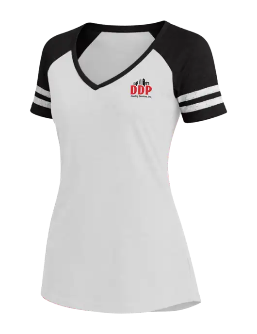 Womens White/Black V-Neck Game Tee w/DDP Roofing Services Logo