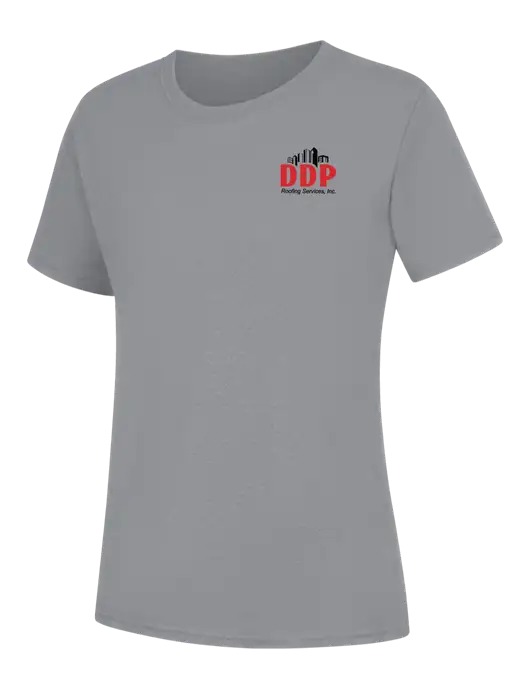 Womens Light Grey Heather Core Blend Tee w/DDP Roofing Services Logo