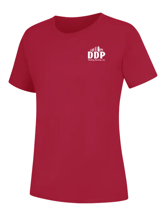 Womens Red Core Blend Tee w/DDP Roofing Services Logo
