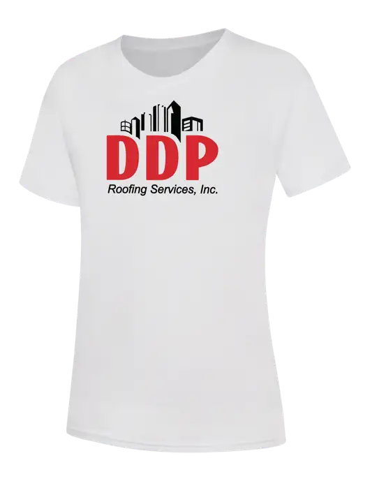 Womens White Core Blend Tee w/DDP Roofing Services Logo