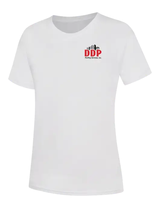 Womens White Core Blend Tee w/DDP Roofing Services Logo