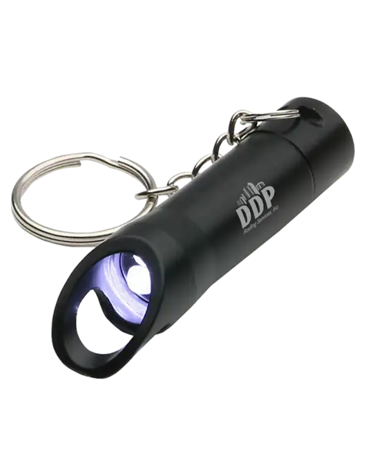 Black Pocket LED Flashlight with Bottle Opener & Keychain w/DDP Roofing Services Logo