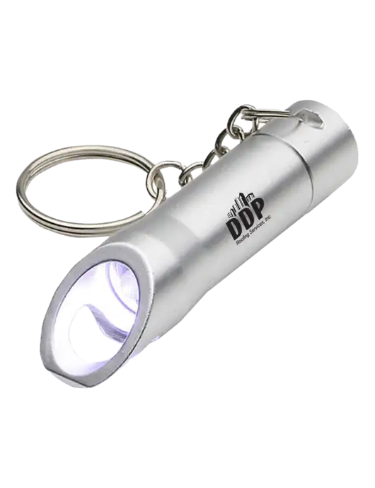 Silver Pocket LED Flashlight with Bottle Opener & Keychain w/DDP Roofing Services Logo