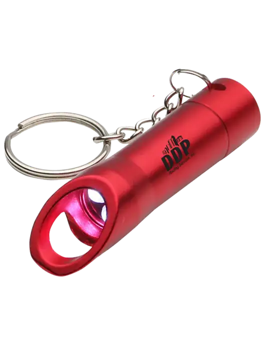 Red Pocket LED Flashlight with Bottle Opener & Keychain w/DDP Roofing Services Logo